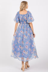 Blue Floral Chiffon Puff Sleeve Midi Dress