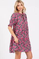 Pink Floral Front Tie Puff Sleeve Dress