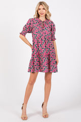 Pink Floral Front Tie Puff Sleeve Dress