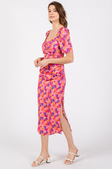 Fuchsia Floral Ruffle Sweetheart Fitted Midi Dress