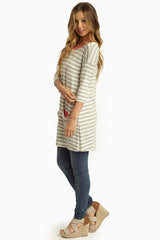 Grey Striped Pocket Front 3/4 Sleeve Tunic
