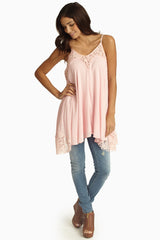 Pink Polka Dot Lace Accent Tank Top