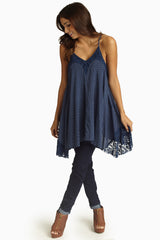 Navy Blue Polka Dot Lace Accent Tank Top