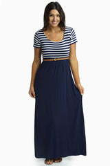 Navy Blue Striped Top Belted Maxi Dress