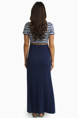 Navy Blue Striped Top Belted Maxi Dress