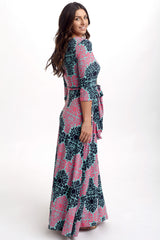 Mint Fuchsia Damask Draped 3/4 Sleeve Maxi Dress