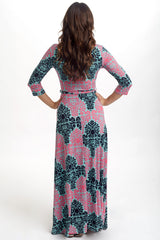 Mint Fuchsia Damask Draped 3/4 Sleeve Maxi Dress