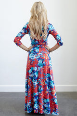 Red Floral Draped 3/4 Sleeve Maxi Dress