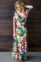 Ivory Tropic Floral 3/4 Sleeve Maxi Dress