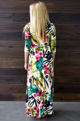Ivory Tropic Floral 3/4 Sleeve Maxi Dress