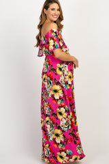 Fuchsia Floral Off Shoulder Maternity Maxi Dress