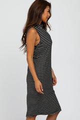 Black Striped Mock Neck Midi Dress