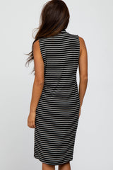 Black Striped Mock Neck Midi Dress