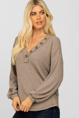 Mocha Waffle Knit Button Accent Top