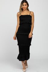 Black Satin Smocked Fitted Midi Dress
