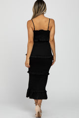 Black Satin Smocked Fitted Midi Dress