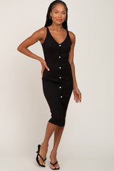 Black Ribbed Button Accent Midi Dress