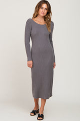 Grey Ribbed Side Slit Midi Sweater Dress