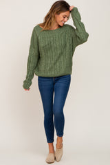 Olive Boat Neck Cable Knit Sweater