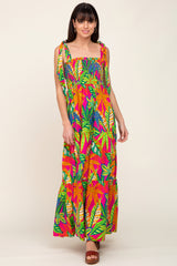 Fuchsia Tropical Print Smocked Tie Sleeve Maxi Dress