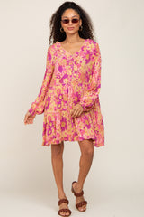 Pink Floral Button Front Ruffle Accent Dress