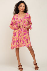 Pink Floral Button Front Ruffle Accent Dress