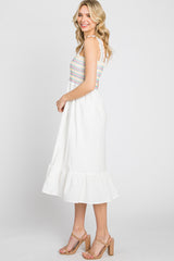 White Embroidered Smocked Midi Dress