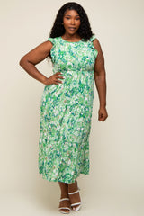 Green Floral Paisley Tiered Plus Midi Dress