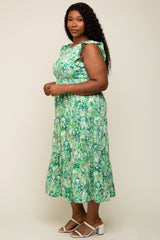 Green Floral Paisley Tiered Plus Midi Dress