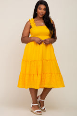 Yellow Smocked Square Neck Ruffle Strap Tiered Plus Midi Dress