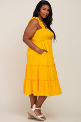 Yellow Smocked Square Neck Ruffle Strap Tiered Plus Midi Dress