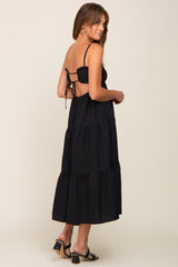 Black Smocked Open Back Tiered Midi Dress
