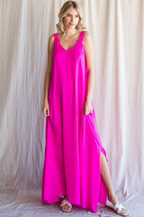 Fuchsia Satin Side Slit Maxi Dress