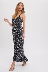 Black Floral Flounce Hi-Lo Wrap Maxi Dress