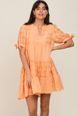 Peach Textured Stripe V-Neck Tiered Dress