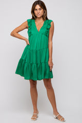 Green Satin Ruffle V-Neck Tiered Dress