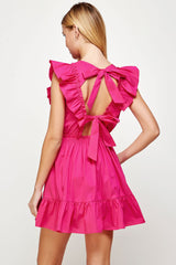 Fuchsia Back Tie Detail Ruffled Sleeveless Mini Dress