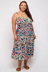 Navy Blue Multi-Color Floral Sleeveless Tiered Plus Midi Dress