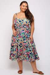 Navy Blue Multi-Color Floral Sleeveless Tiered Plus Midi Dress