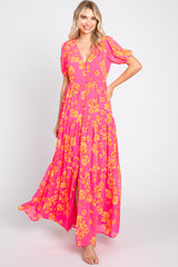 Neon Pink Floral Front Button Tiered Maxi Dress