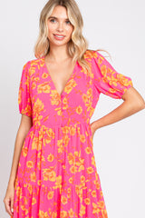 Neon Pink Floral Front Button Tiered Maxi Dress