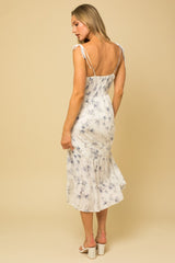 White Floral Sleeveless Back Smocking Slit Maxi Dress