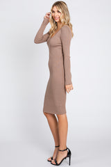 Taupe Ribbed Knit Long Sleeve Fitted Dress
