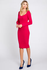 Fuchsia Ribbed Knit Fitted Long Sleeve Dress