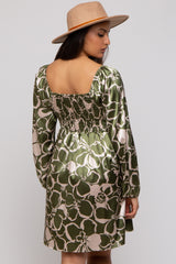 Olive Floral Satin Long Sleeve Dress