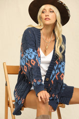 Navy Printed Chunky Cable Knit Cardigan