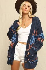 Navy Printed Chunky Cable Knit Cardigan