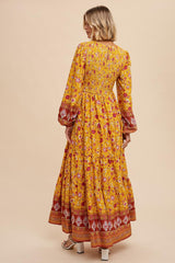 Gold Floral Smocked Tiered Maxi Dress