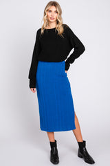 Royal Blue Soft Knit Ribbed Side Slit Midi Skirt