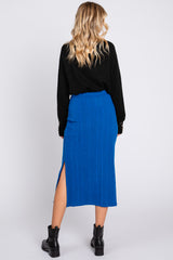 Royal Blue Soft Knit Ribbed Side Slit Midi Skirt